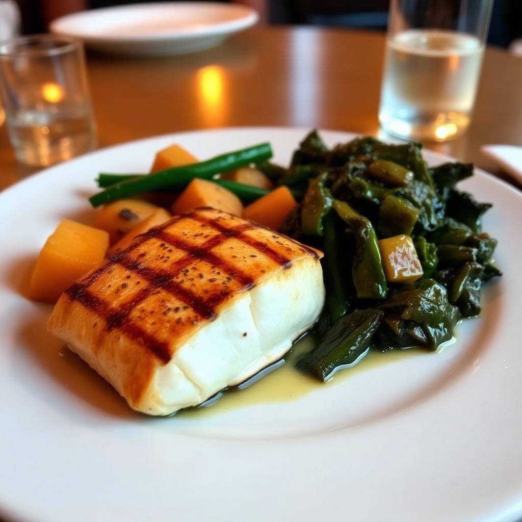 Grilled salmon with yams and collard greens