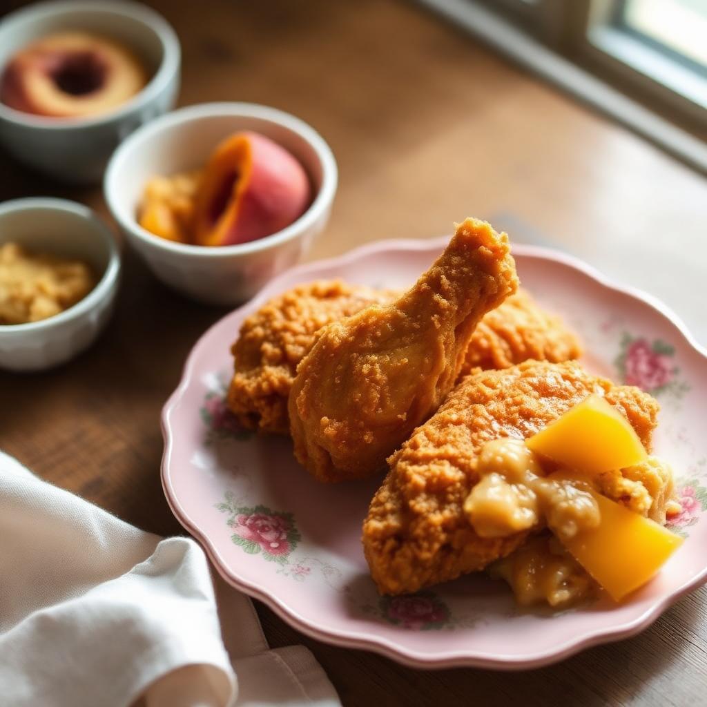 Fried chicken wings with peach cobbler